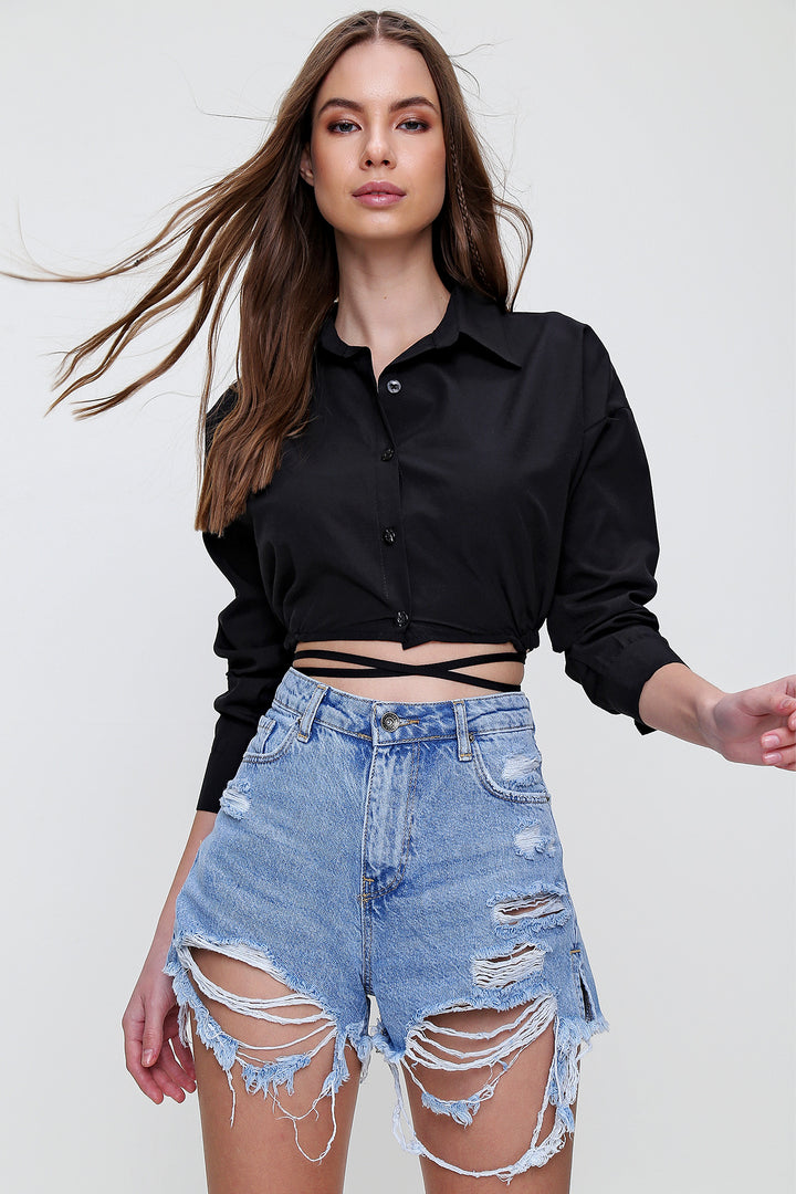 قميص بوبلين قصير مزين بالدانتيل