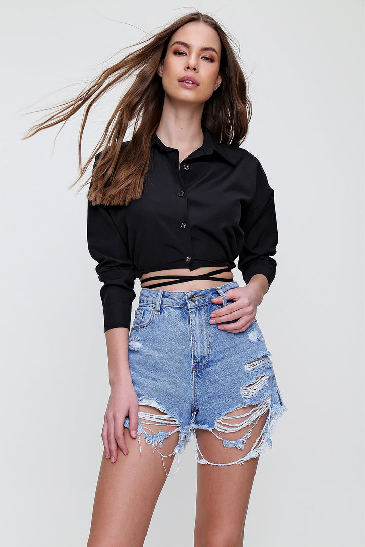 قميص بوبلين قصير مزين بالدانتيل