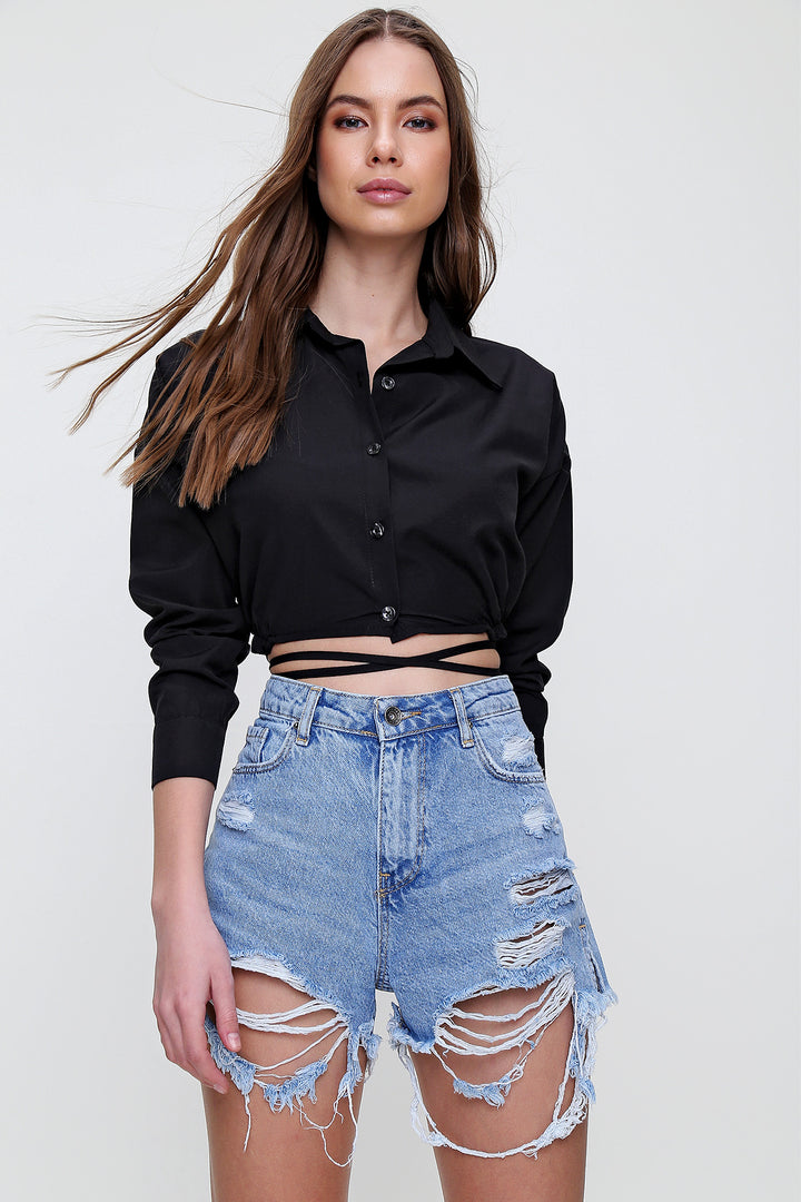 قميص بوبلين قصير مزين بالدانتيل