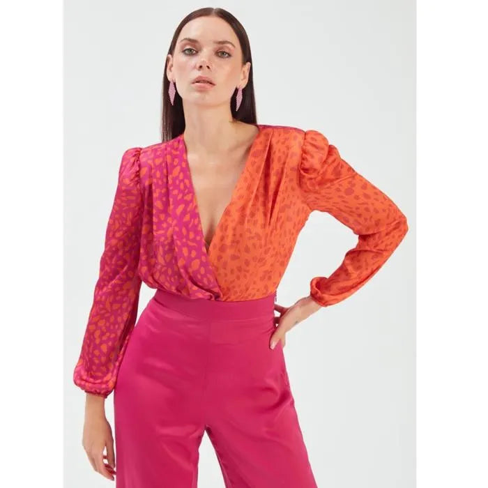 SATEEN Blouse Double Boutonnage à Motifs Contrastés - Orange et Fuchsia