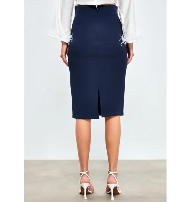 SATEEN Jupe Stylo Détail Boucle - Bleu Marine