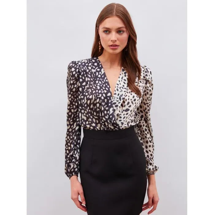SATEEN Blouse Double Boutonnage à Motifs Contrastés - Noir et Couleur de la Pierre