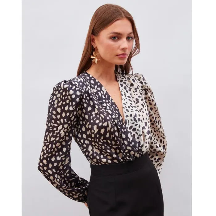 SATEEN Blouse Double Boutonnage à Motifs Contrastés - Noir et Couleur de la Pierre