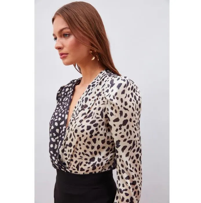 SATEEN Blouse Double Boutonnage à Motifs Contrastés - Noir et Couleur de la Pierre