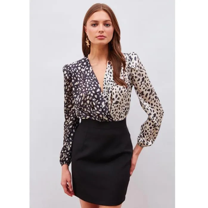 SATEEN Blouse Double Boutonnage à Motifs Contrastés - Noir et Couleur de la Pierre