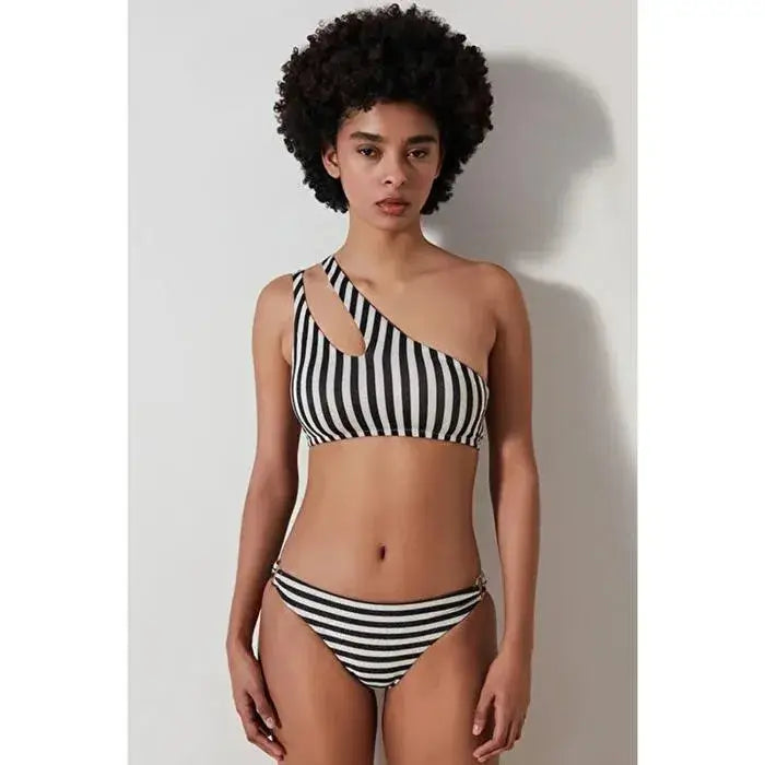 PENTI Alia striped bikini bottom with side sequins, featuring a one-shoulder top, perfect for stylish summer looks.