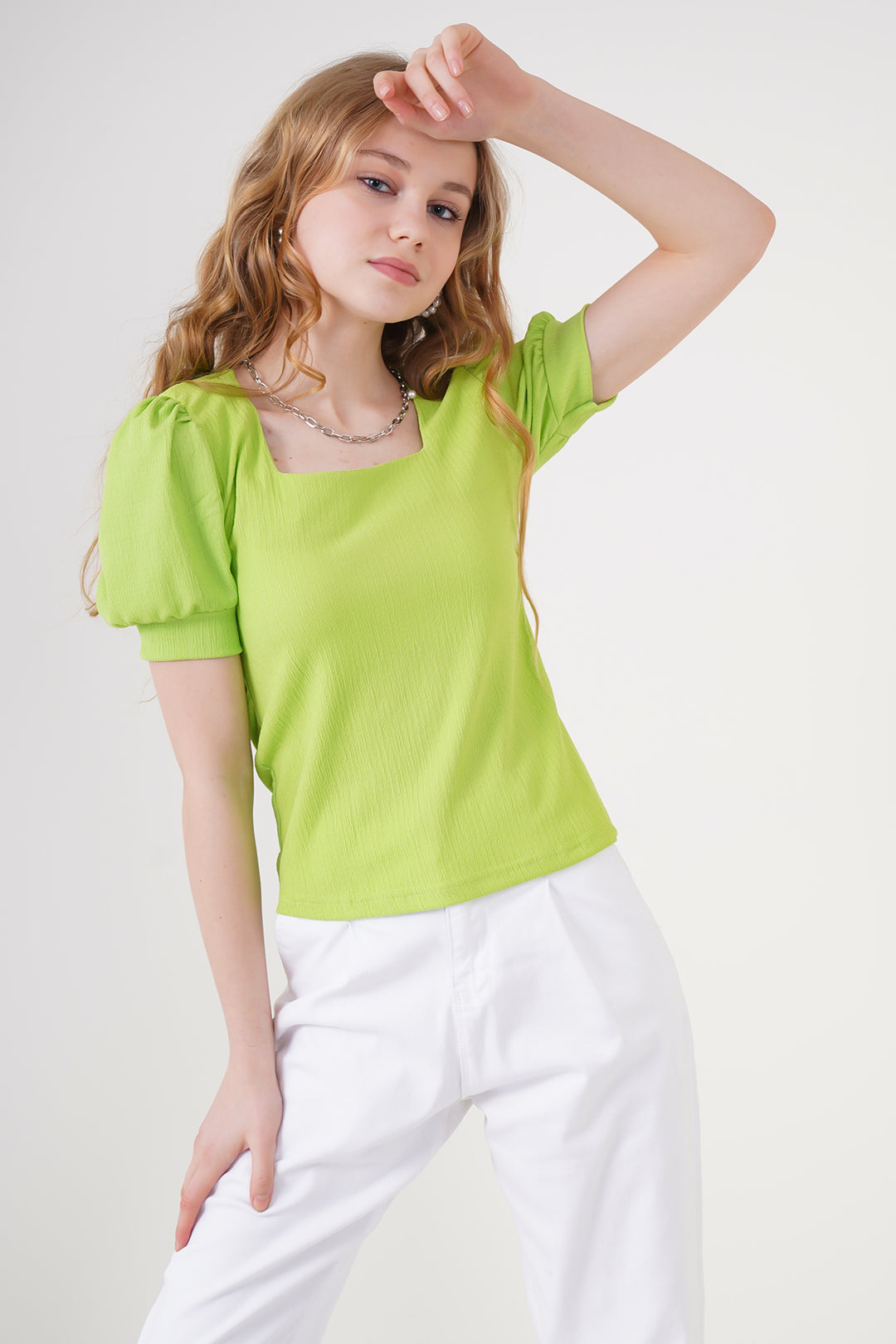 Bigdart 0409 Blouse tricotée à col carré - Vert clair