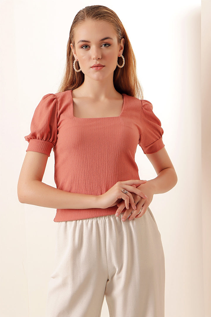 Bigdart 0409 Haut en tricot à col carré - Rose poudré