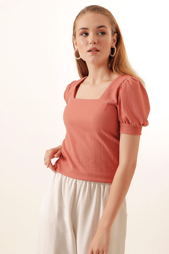 Bigdart 0409 Haut en tricot à col carré - Rose poudré