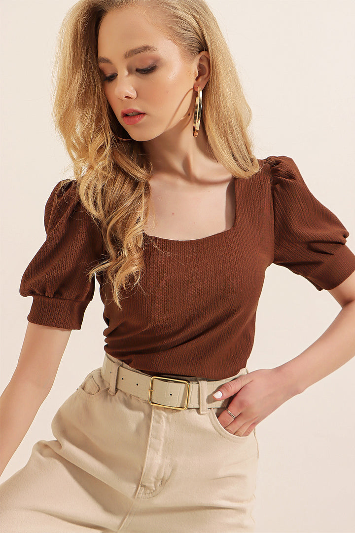 Bigdart 0409 Blouse Tricot Col Carré - Marron