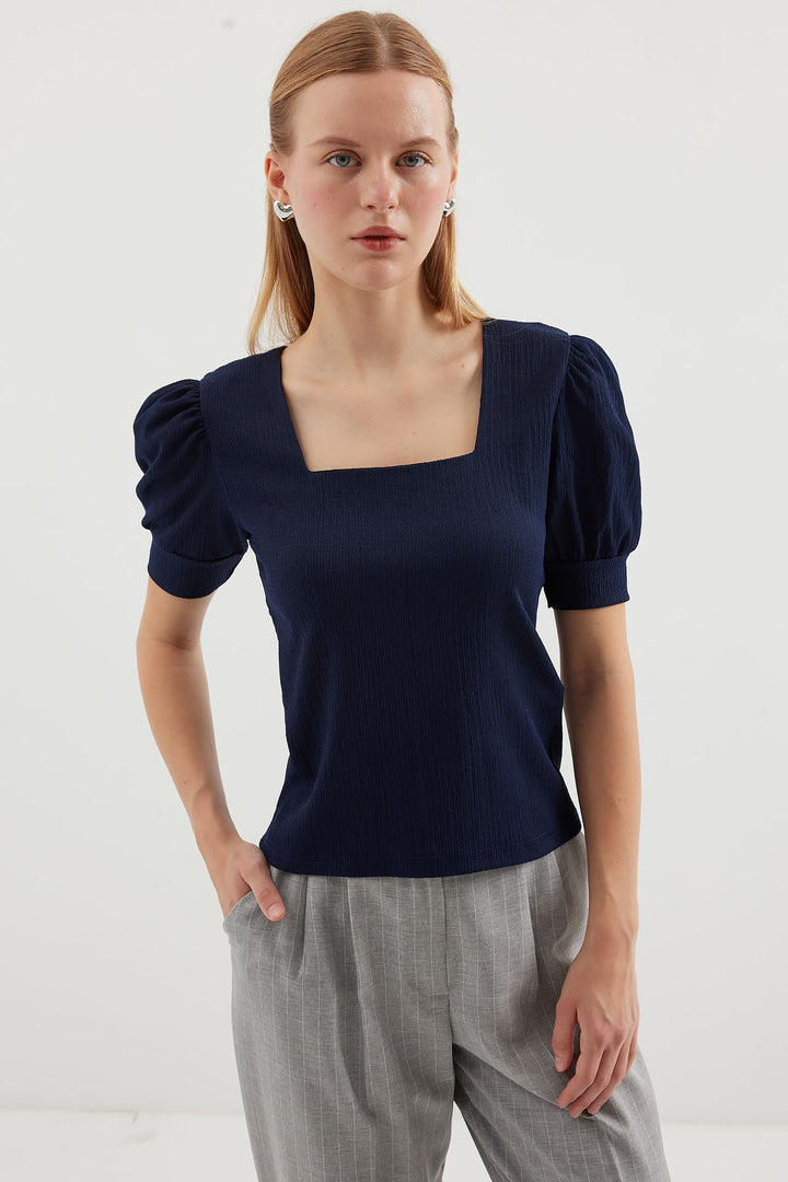 Bigdart 0409 Blouse en tricot à encolure carrée - Bleu marine