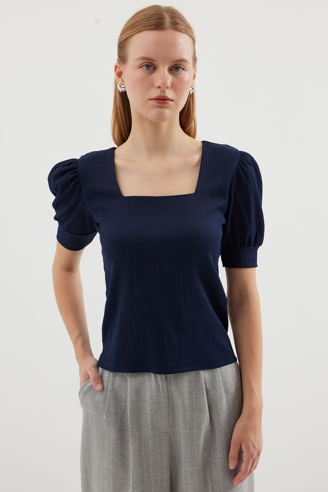 Bigdart 0409 Blouse en tricot à encolure carrée - Bleu marine
