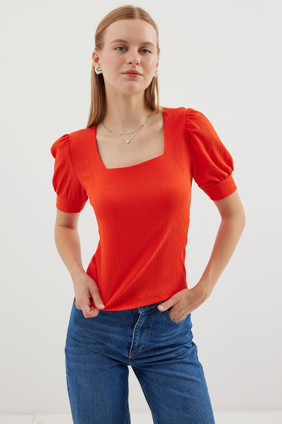 Bigdart 0409 Blouse tricot à encolure carrée - Orange