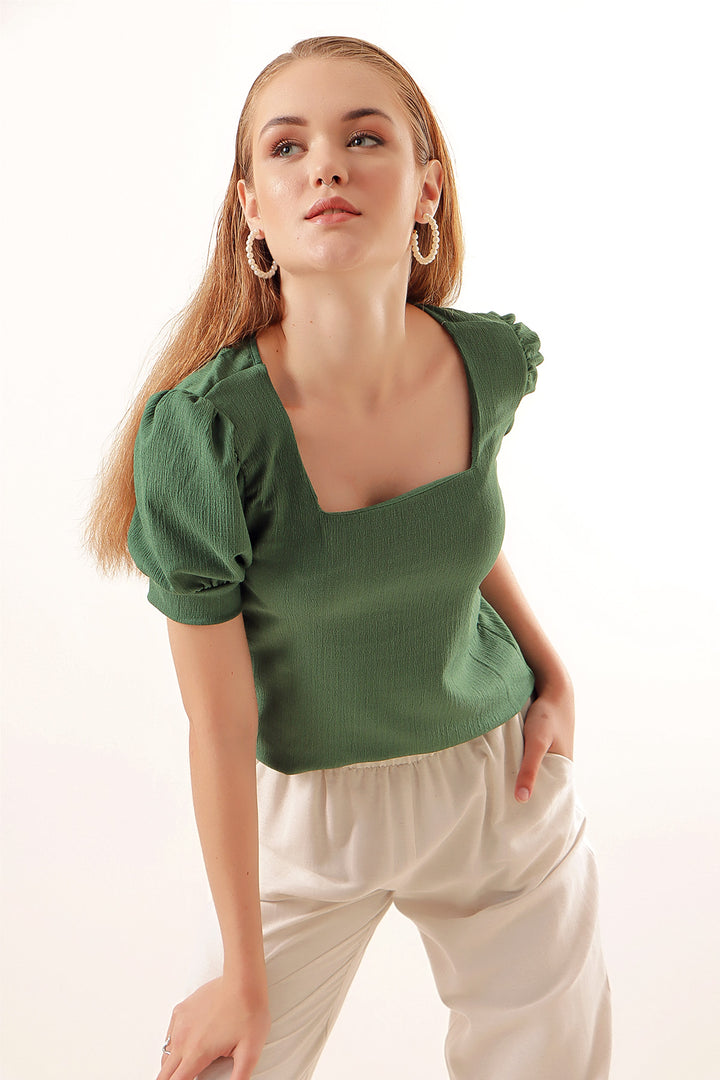 Bigdart 0409 Blouse en tricot à col carré - Vert émeraude