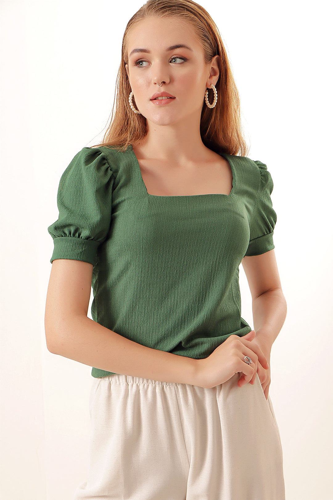 Bigdart 0409 Blouse en tricot à col carré - Vert émeraude