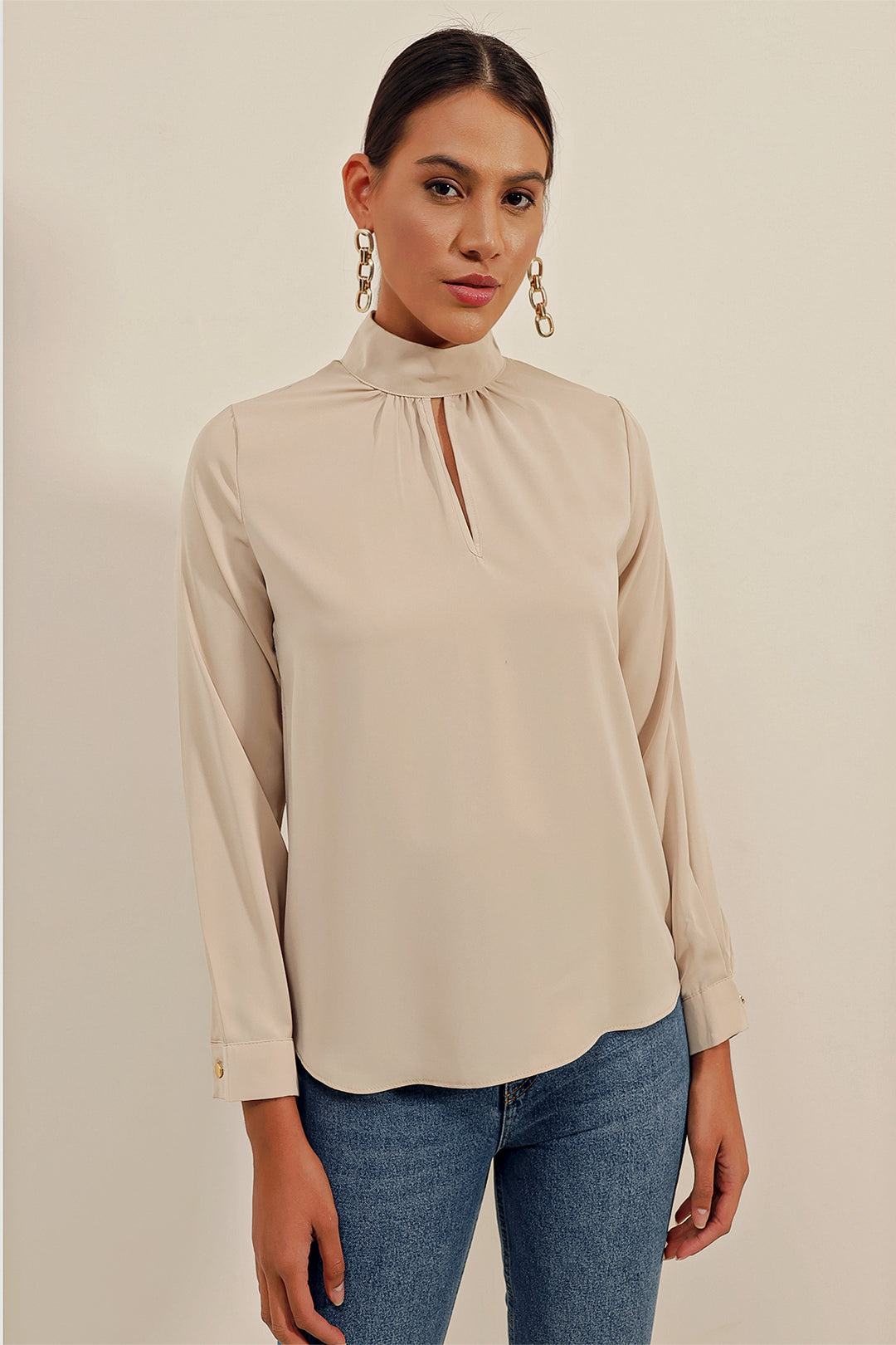Bigdart 0418 Blouse avec Détails de Fenêtre - Beige