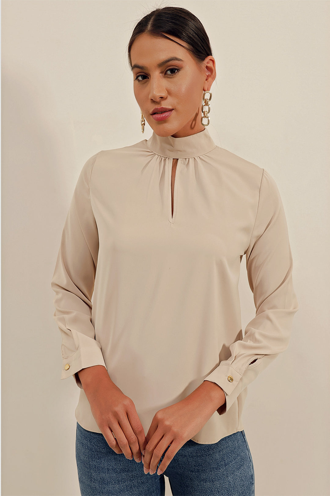 Bigdart 0418 Blouse avec Détails de Fenêtre - Beige