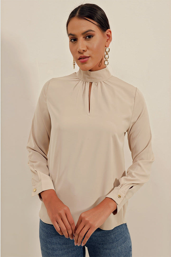 Bigdart 0418 Blouse avec Détails de Fenêtre - Beige