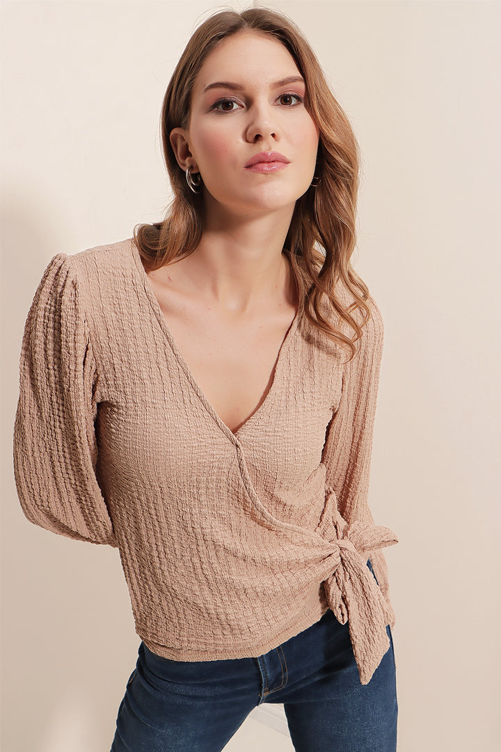 Bigdart 0441 Blouse en maille enveloppe - Beige