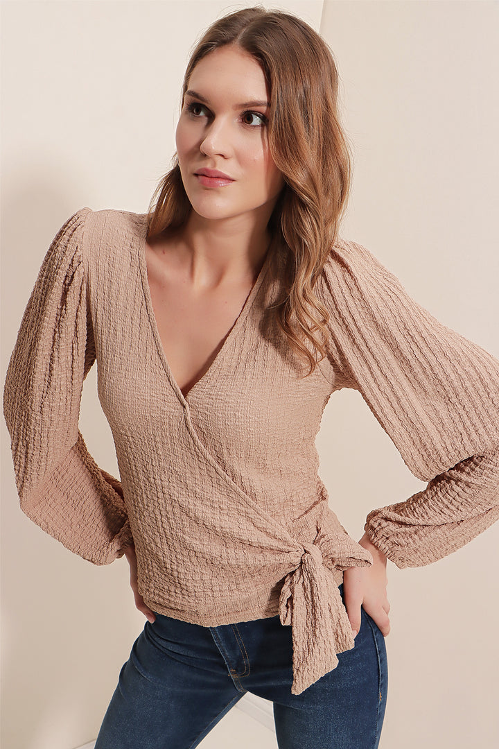 Bigdart 0441 Blouse en maille enveloppe - Beige