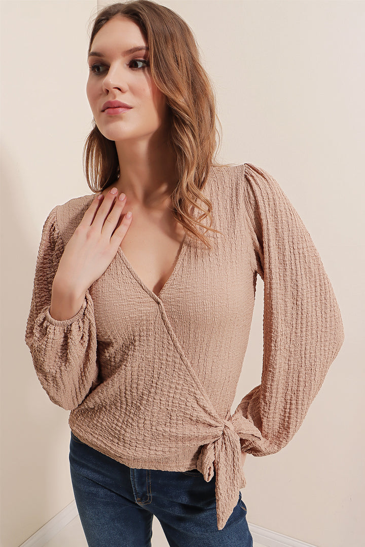 Bigdart 0441 Blouse en maille enveloppe - Beige