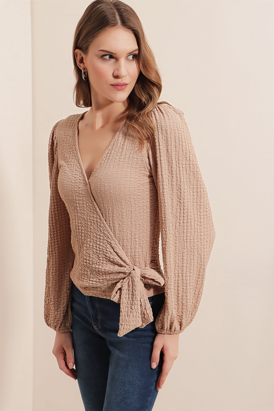 Bigdart 0441 Blouse en maille enveloppe - Beige