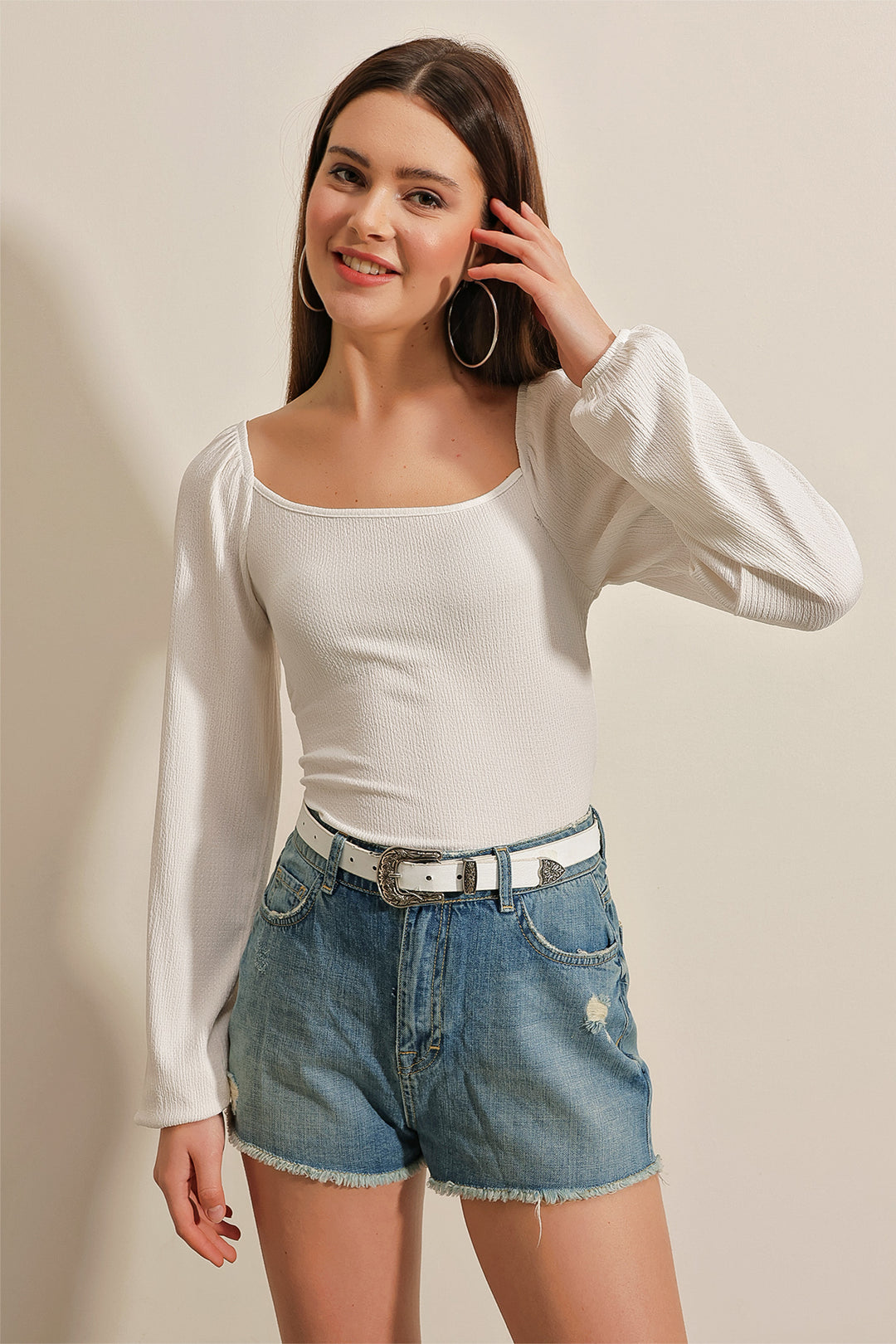 Bigdart 0465 Blouse Tricot à Manches Bouffantes - Blanc