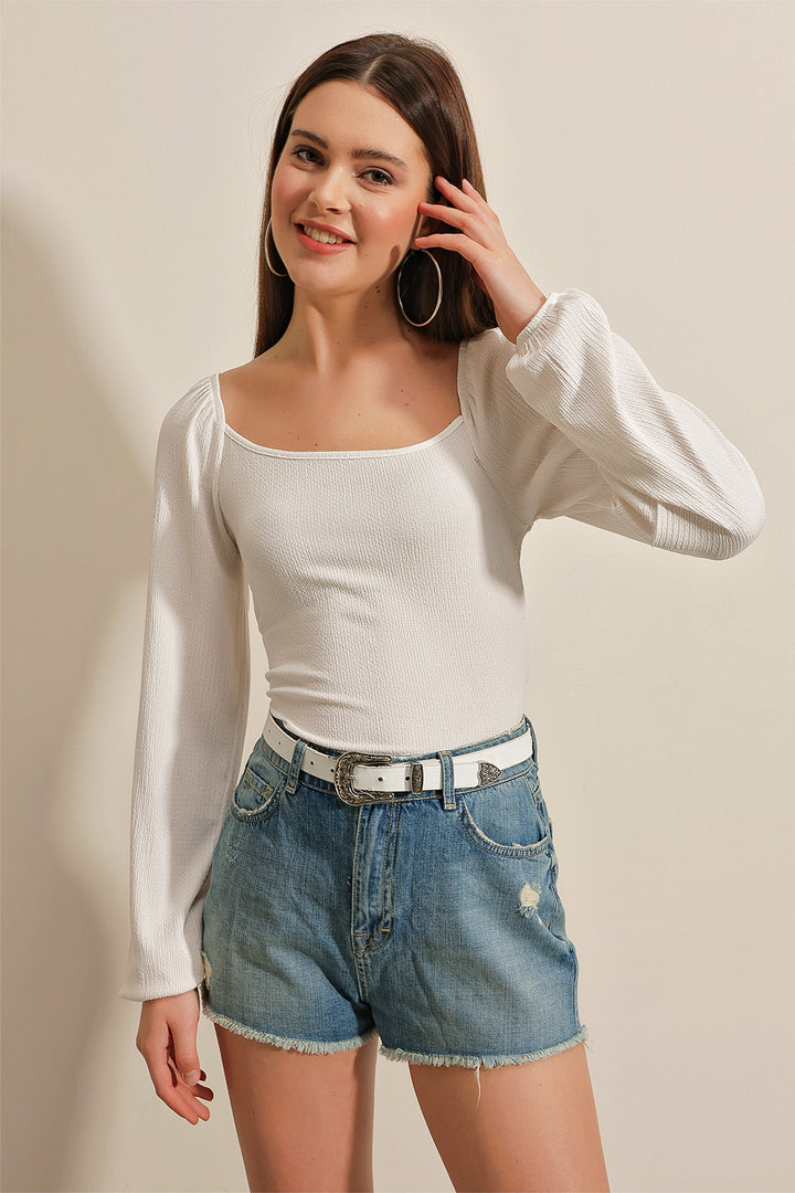 Bigdart 0465 Blouse Tricot à Manches Bouffantes - Blanc
