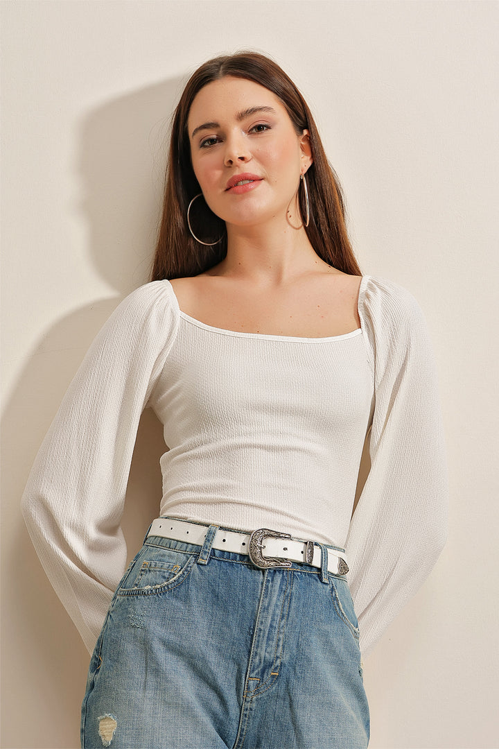 Bigdart 0465 Blouse Tricot à Manches Bouffantes - Blanc