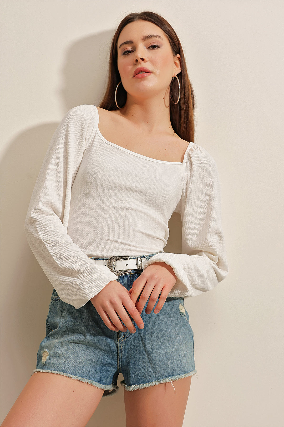 Bigdart 0465 Blouse Tricot à Manches Bouffantes - Blanc