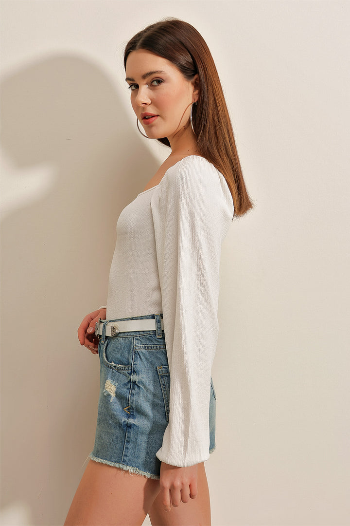 Bigdart 0465 Blouse Tricot à Manches Bouffantes - Blanc