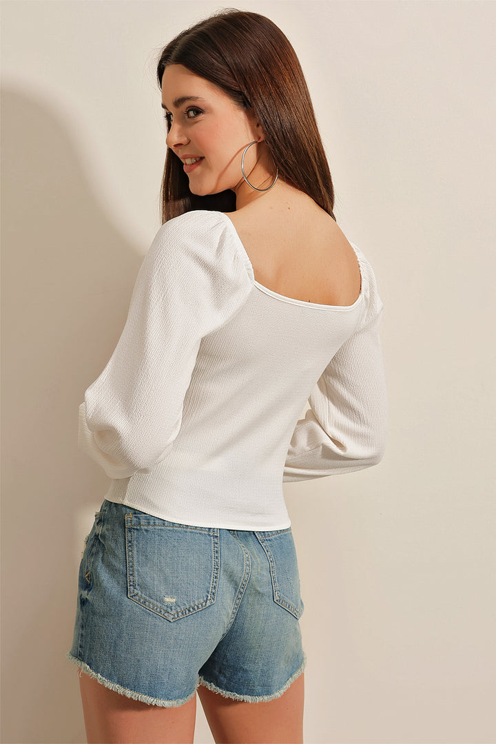 Bigdart 0465 Blouse Tricot à Manches Bouffantes - Blanc