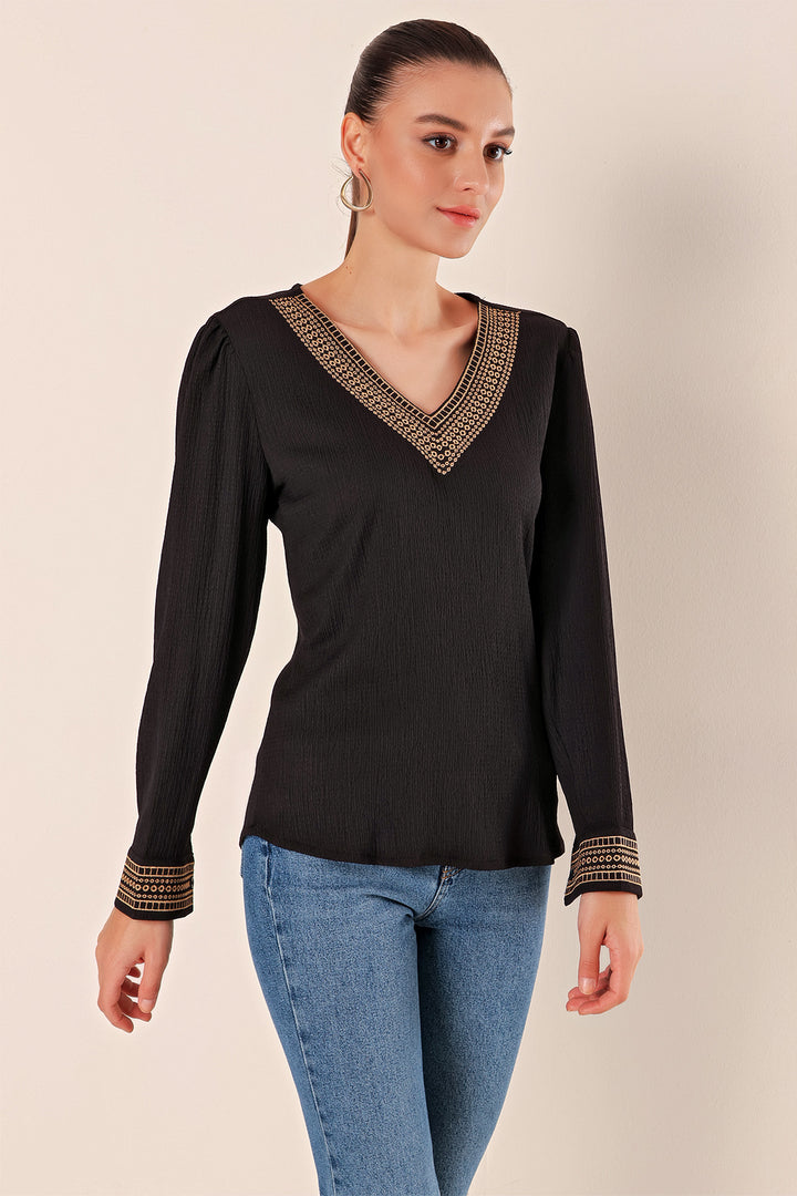 Bigdart 0466 Blouse Tricotée à Col en V Brodée - Noir