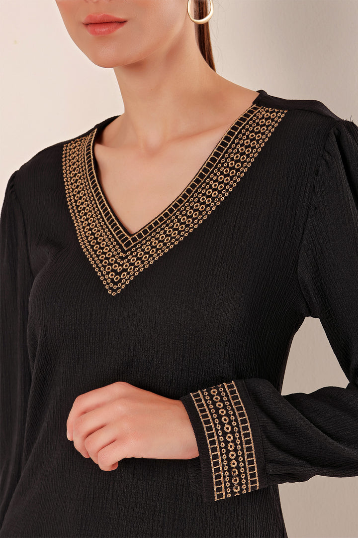 Bigdart 0466 Blouse Tricotée à Col en V Brodée - Noir