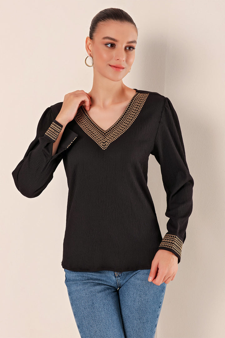 Bigdart 0466 Blouse Tricotée à Col en V Brodée - Noir
