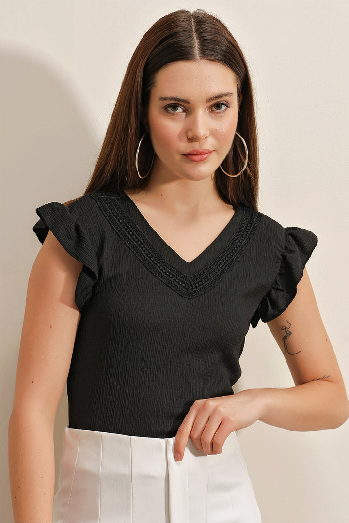 Bigdart 0467 Blouse tricotée à col en V - Noir