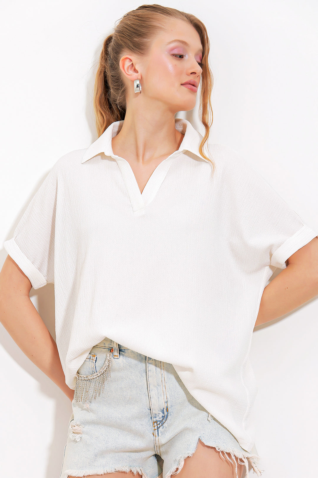 Bigdart Blouse en tricot à col polo oversize blanche pour femme 0486