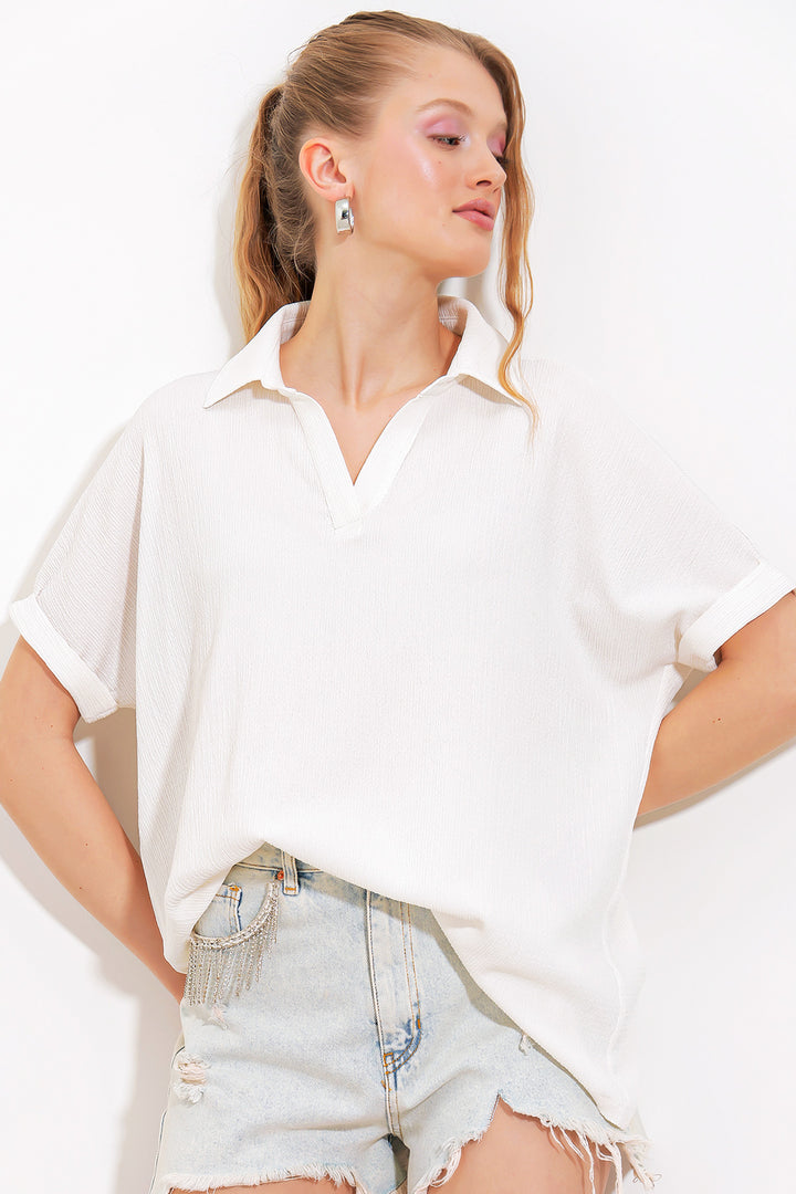 Bigdart Blouse en tricot à col polo oversize blanche pour femme 0486