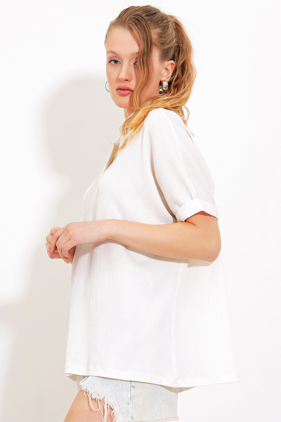 Bigdart Blouse en tricot à col polo oversize blanche pour femme 0486