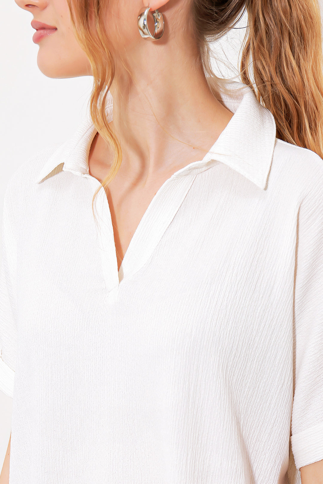 Bigdart Blouse en tricot à col polo oversize blanche pour femme 0486