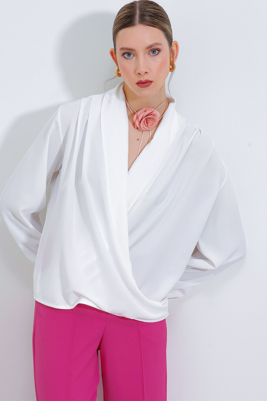 Bigdart Blouse en Satin à Col Croisé pour Femme 0492 - Blanc