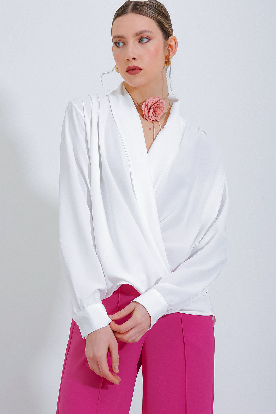 Bigdart Blouse en Satin à Col Croisé pour Femme 0492 - Blanc