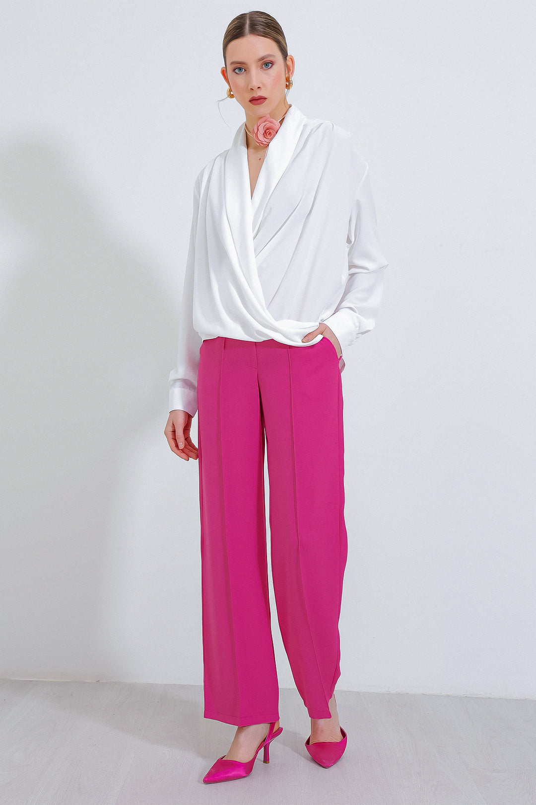 Bigdart Blouse Satinée à Col Croisé Femme 0492 - Blanc