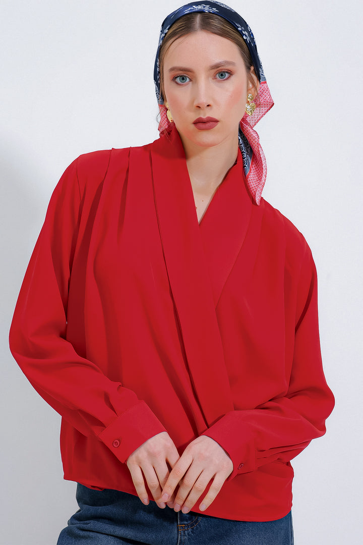 Bigdart Blouse en satin drapée à col croisé rouge pour femme 0492 - Rouge