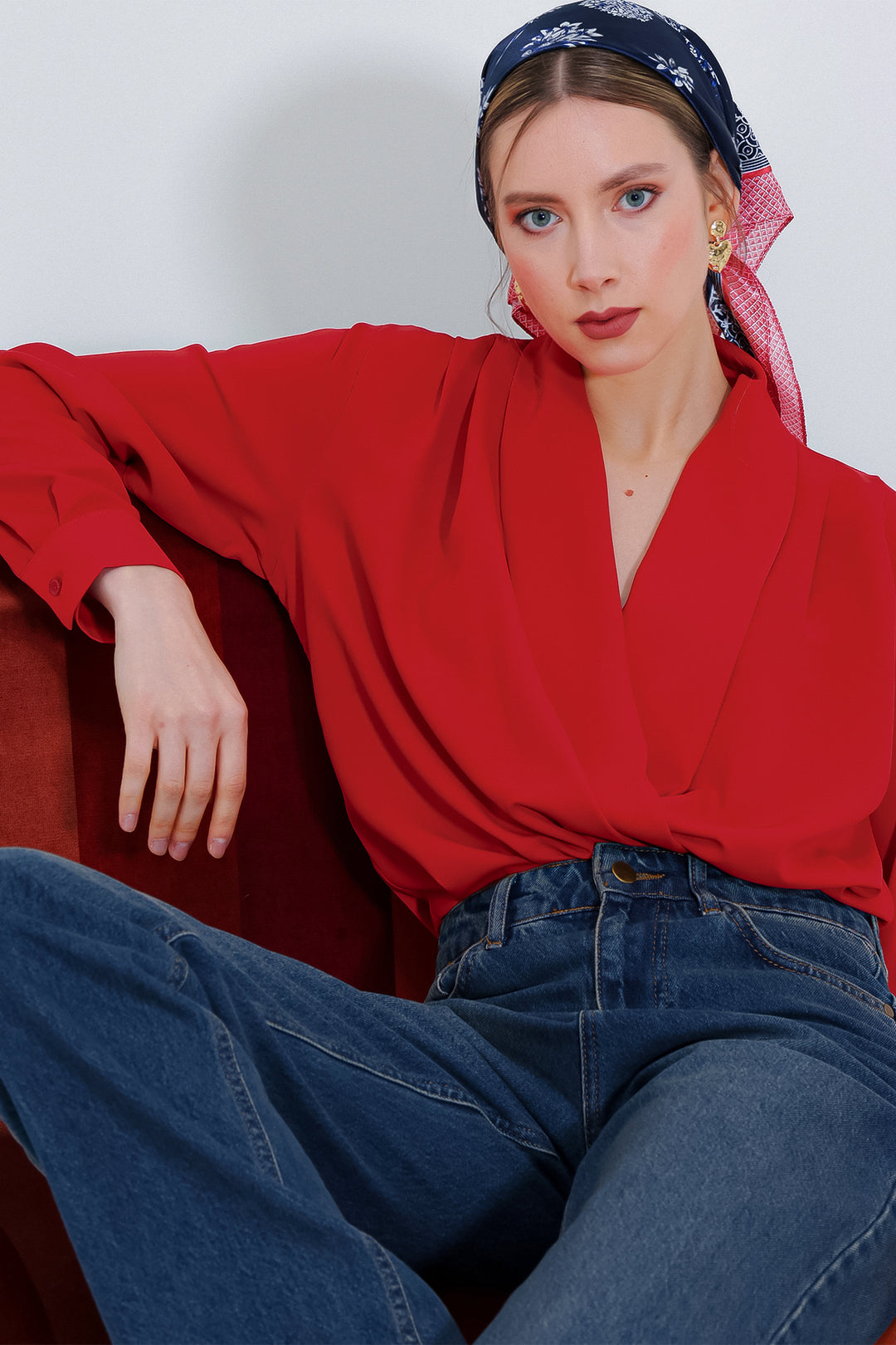 Bigdart Blouse en satin drapée à col croisé rouge pour femme 0492 - Rouge