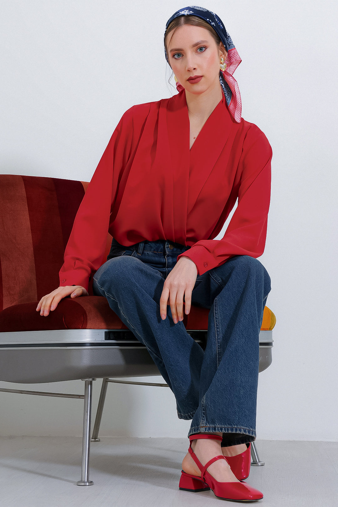 Bigdart Blouse en satin drapée à col croisé rouge pour femme 0492 - Rouge