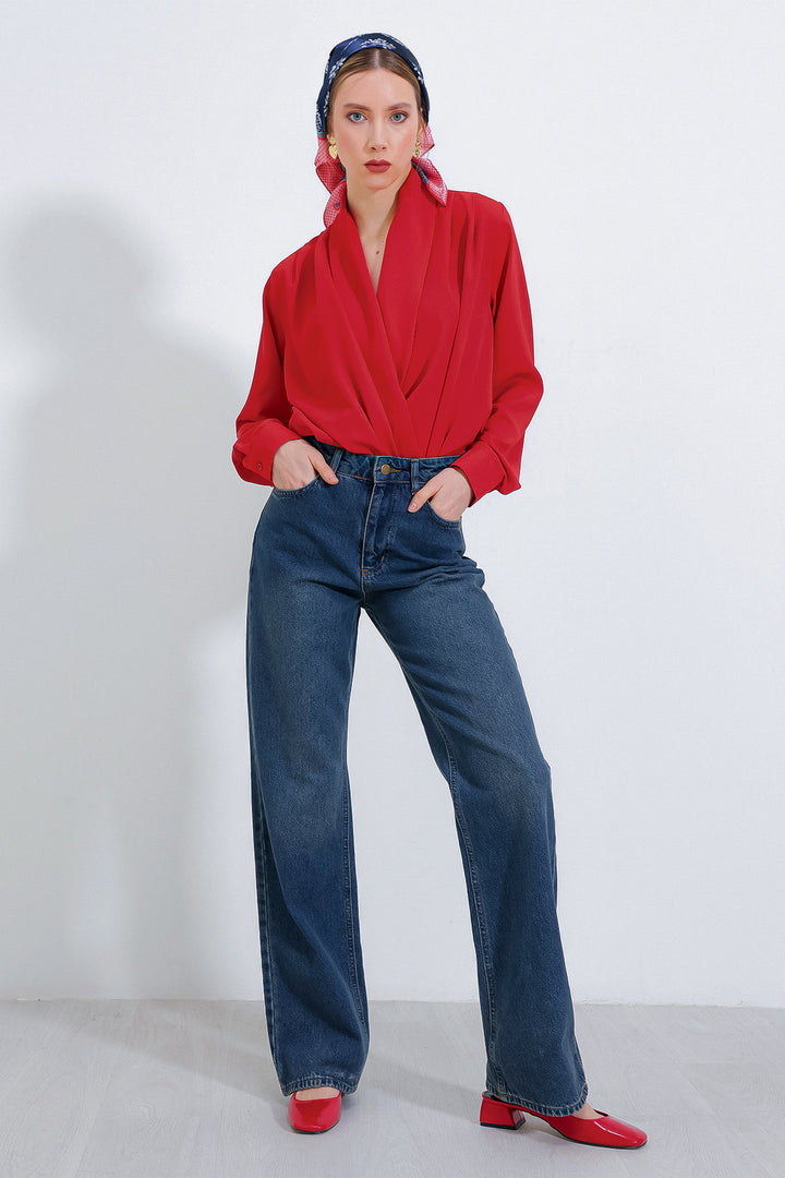 Bigdart Blouse en satin drapée à col croisé rouge pour femme 0492 - Rouge