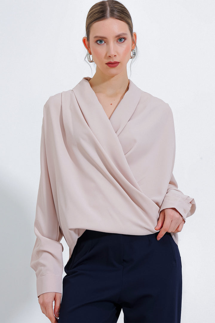 Bigdart Blouse femme en satin drapé à col croisé crème 0492