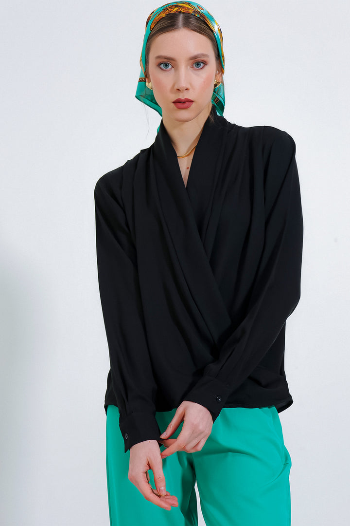 Bigdart Femme Blouse Satinée Drapée à Col Croisé Noir 0492