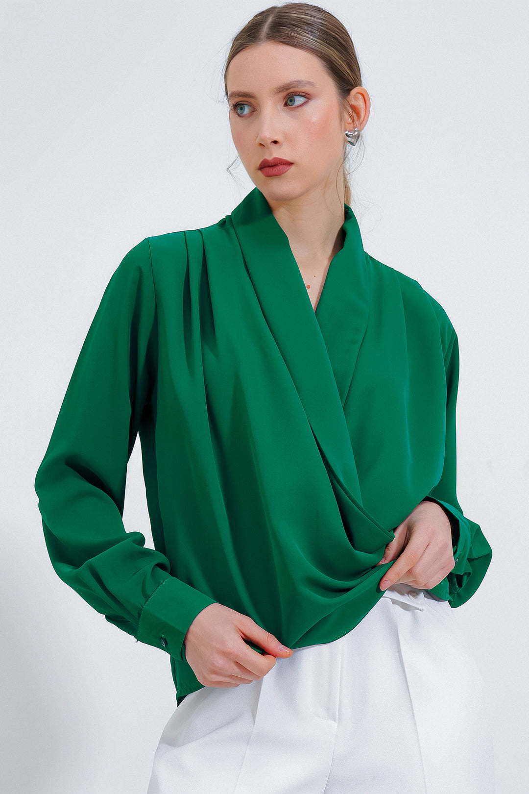 Bigdart Blouse en satin à col croisé vert émeraude pour femme 0492 - zümrüt Verti